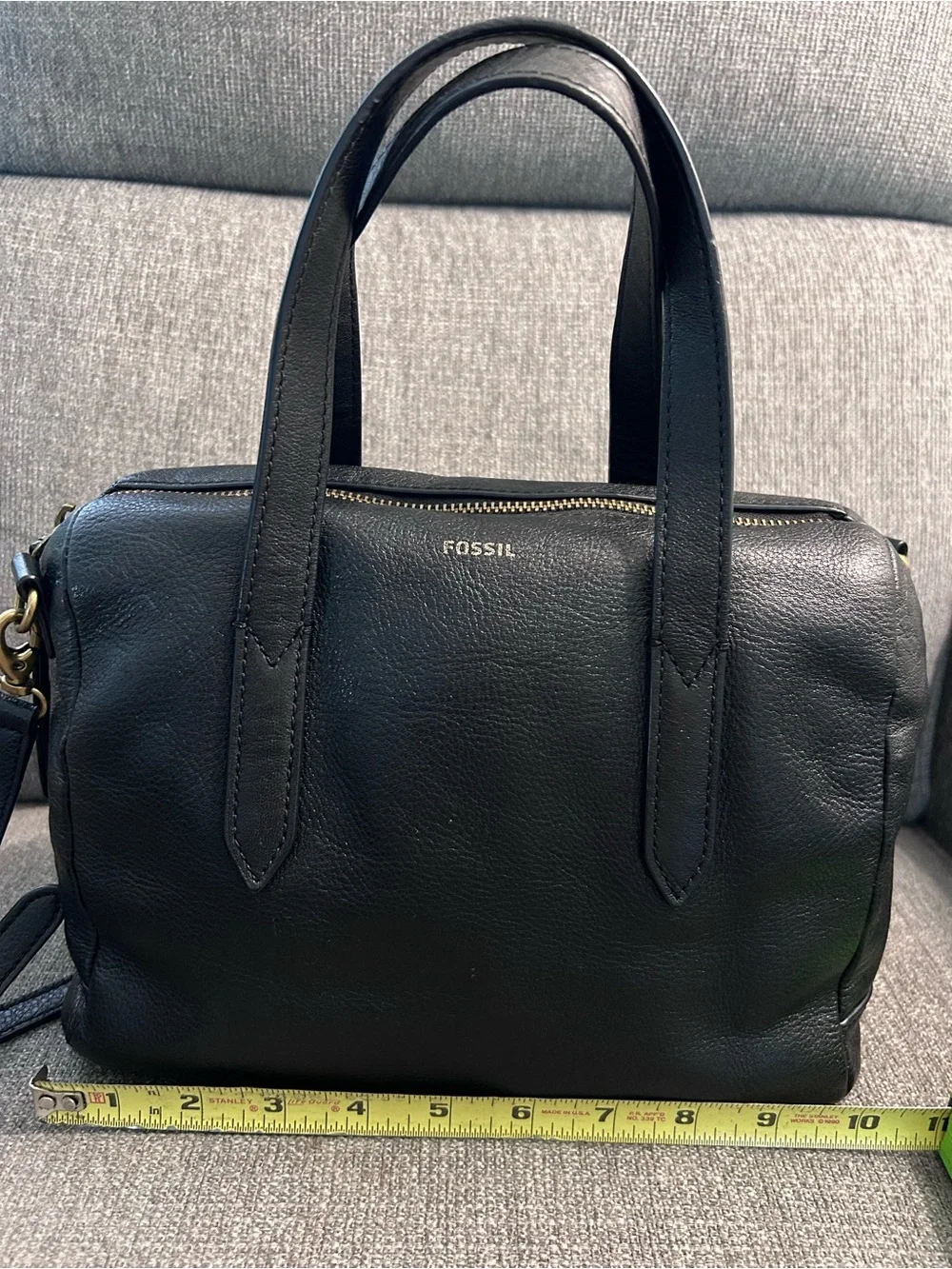 Fossil Sydney Black Leather Satchel Bag with Crossbody Strap & gold hardware